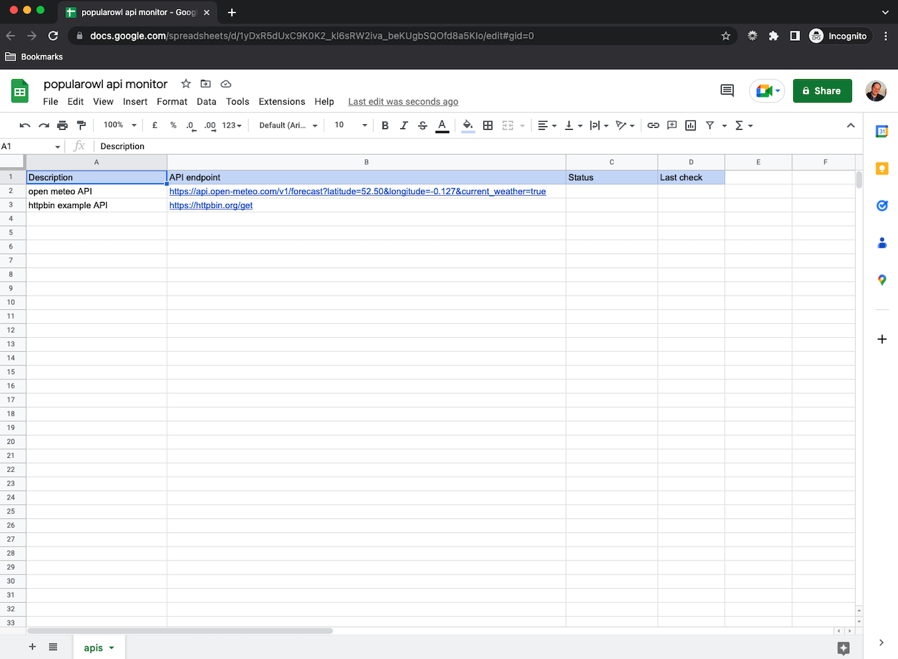 api monitoring with google sheets setup layout