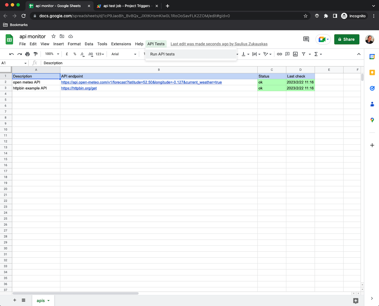 api monitoring with google sheets success